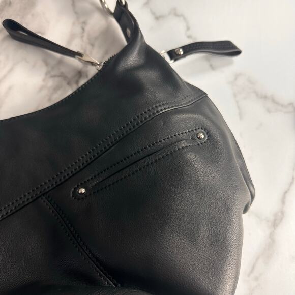 Vintage B Makowsky Y2K Studded Leather Shoulder Bag Black Gold Silver Fringe - Picture 10 of 11